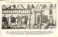 La POSTAL Bayeux TApisserie de la VENDIMIA de la ceremonia de la audiencia de la reina Matilde que Guillermo concede tiene Harold