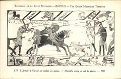 La POSTAL Bayeux TApisserie de la VENDIMIA de la reina Matilde L D armada Harold es taillee en piezas
