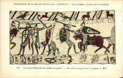 La POSTAL Bayeux TApisserie de la VENDIMIA de la reina Matilde L D armada Harodl es taillee en piezas