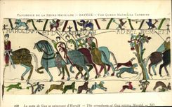 Tapiceria de Bayeux de la POSTAL de la VENDIMIA de la reina de Matilde la continuacion del individuo que agarra D Harold