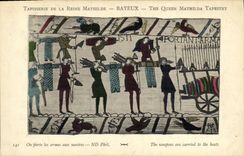 La POSTAL Bayeux TApisserie de la VENDIMIA de la reina Matilde una lleva las armas a las naves