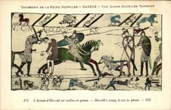 La POSTAL Bayeux Tapisserie de la VENDIMIA de la reina Matilde L D armada Harold es taillee en piezas