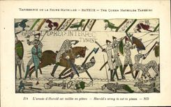 La POSTAL Bayeux Tapisserie de la VENDIMIA de la reina Matilde L D armada Harold es taillee en piezas