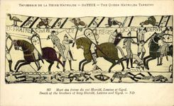Tapiceria de Bayeux de la POSTAL de la VENDIMIA de muertos la reina de Matilde de los hermanos de rey Harold Lewine y Gyrd