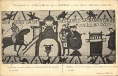 La POSTAL Bayeux Tapisserie de la VENDIMIA de la reina Matilde que va Guillermo tiene Bayeux o Harold presta juramento a el