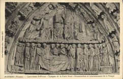 VINTAGE POSTCARD Poitiers Cathedral St Pierre Tympanum of the Northern Gate Resurrection and Crowning of the Virgin