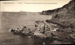 VINTAGE POSTCARD Porquerolles L ilote Perspective of cliffs of the headlight of Lobster boat