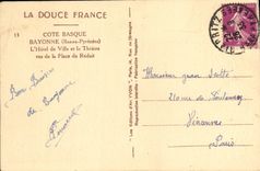 VINTAGE POSTCARD Bayonne L Town hall and the Theater Seen of the Place