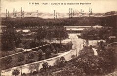 VINTAGE POSTCARD Pau Train station and the Chain Of the Pyrenees