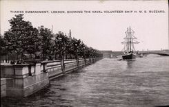VINTAGE POSTCARD Thames Embankment London Showing The Naval Volunteer Ship HMS Buzzard