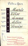 VINTAGE POSTCARD Fantaisie Votes heart Marie Elise Anna Alice Louise