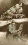 VINTAGE POSTCARD Militaria Happy New Year Woman