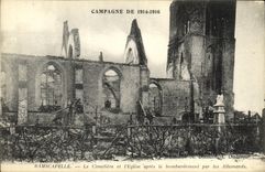 VINTAGE POSTCARD Militaria Ramscapelle the cemetery and L church after the bombardment by German