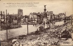 VINTAGE POSTCARD Militaria Rheims in the Ruins after the retirement of German Places D Erlon towards the acques cathedral and St
