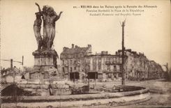 VINTAGE POSTCARD Militaria Rheims in the Ruins after the retirement of German Bartholdi Fountain and place of the Republic