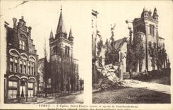 VINTAGE POSTCARD Militaria Ypres L Church Saint Pierre before and after the bombardment