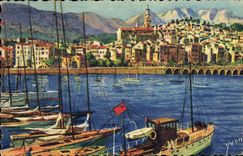 CPA Cote d Azur Menton Le port et la vieille ville Bateaux