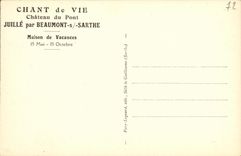 VINTAGE POSTCARD Song of Life Castle of the bridge jubilee by Beaumont on the Sarthe House of holidays