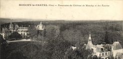 Panorama de Mouchy Chatel de la POSTAL de la VENDIMIA del castillo de Mouchy y de los establos