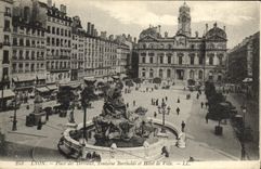 VINTAGE POSTCARD Lyon Places Composts Bartholdi Fountain and Town hall