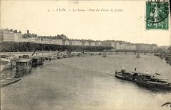 VINTAGE POSTCARD Lyon the Saone Bridge of the Law courts Boat