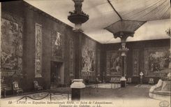 VINTAGE POSTCARD Lyon International exhibition Living room of L Furnishing Tapestries of the Goblins