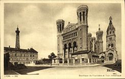 VINTAGE POSTCARD Lyon Basilica of Fourviere and metal Tour