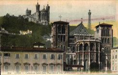 VINTAGE POSTCARD Lyon Cathedral Saint Jean Fourviere and Tour of Fourviere