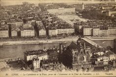 VINTAGE POSTCARD Lyon the Cathedral and the Place in a hurry of L Elevator of the Tower of Fourviere