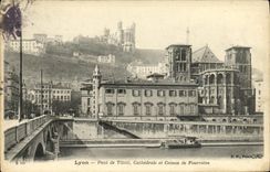 VINTAGE POSTCARD Lyon Bridge of Tilsitt Cathedral and Coteau of Fourviere