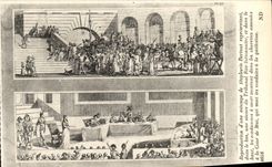 CPA Paris Reproduction d une estampe de Duplessis Bertaut representant dans le bas une seance du Tribunal revolutionnair