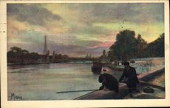 CPA Paris Pecheurs en Seine au coucher de soleil Vue prise du pont de la Concorde