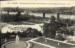 Panorama de Paris de la POSTAL de la VENDIMIA del jardin de Tulieiries y de la calle de Rivoli