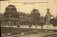 La POSTAL Paris de la VENDIMIA coloca la casa del carrusel de Richelieu y estatua de Gambetta