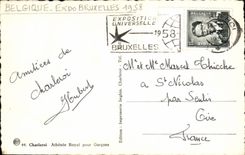 El Athenaeum real de Charleroi de la POSTAL de la VENDIMIA para los muchachos sella la feria de mundo Bruselas 1958