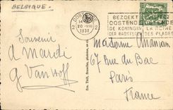 Instalaciones de Oostende de la POSTAL de la VENDIMIA de las cabinas y de la playa