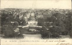 POSTAL Le Havre de la VENDIMIA el jardin público y la calle de Paris