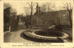 VINTAGE POSTCARD Church And Seminar of the Carmelite friars central Basin and Stele of the first victim Happy Giroud