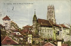 VINTAGE POSTCARD Fritourg Town hall and Turn St Nicolas
