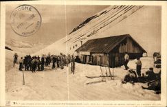 VINTAGE POSTCARD Luchon Peyresourde Skiers at rest in front of the canteen of the collar