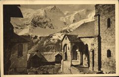 VINTAGE POSTCARD Meije Seen of the Terraces In the foreground the old Romance church of the village