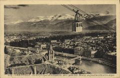 POSTAL Grenoble de la VENDIMIA el teleferic del Bastille en el 1r plan co  Marie en la parte inferior la ciudad y las montanas