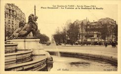 VINTAGE POSTCARD Paris Picpus Bel Air Places Daumesnil the fountain and the boulevard of Reuilly Lion