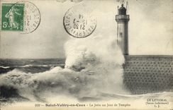 VINTAGE POSTCARD Holy Valery in Caux the Pier one Day of Storm Lighthouse