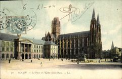 VINTAGE POSTCARD Rouen the Place and L Church Ouen Saint