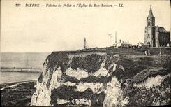 Acantilado de Dieppe de la POSTAL de la VENDIMIA de Pollet y L iglesia de la buena ayuda