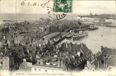 Panorama de Dieppe de la POSTAL de la VENDIMIA tomado de L iglesia Jacques Saint