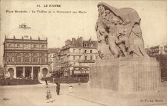 La POSTAL Le Havre de la VENDIMIA coloca Gambetta el teatro y el monumento de la guerra