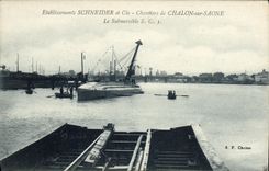 VINTAGE POSTCARD Boat War Establishments Schneider Co Building sites of Trawl net on the Saone submarine SC3 Submarine