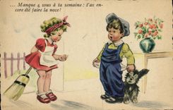 VINTAGE POSTCARD Fantaisie Children Dog Misses 4 pennies has your week